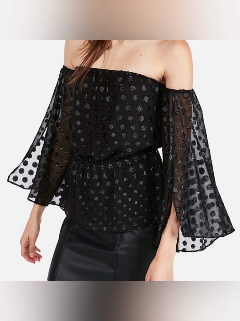 Express Sheer Metallic Dot Off The Shoulder Cold Shoulder Black Top Blouse Sz L